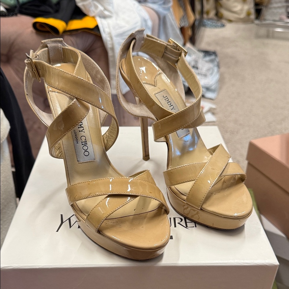 Jimmy Choo nude Beige Patent Leather Heels 37.5